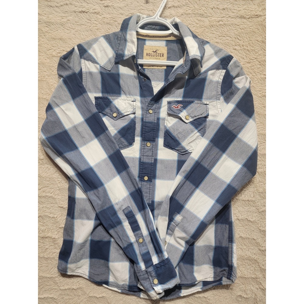 Hollister Mens Blue White Plaid Snap Button Western Shirt Medium Long Sleeve